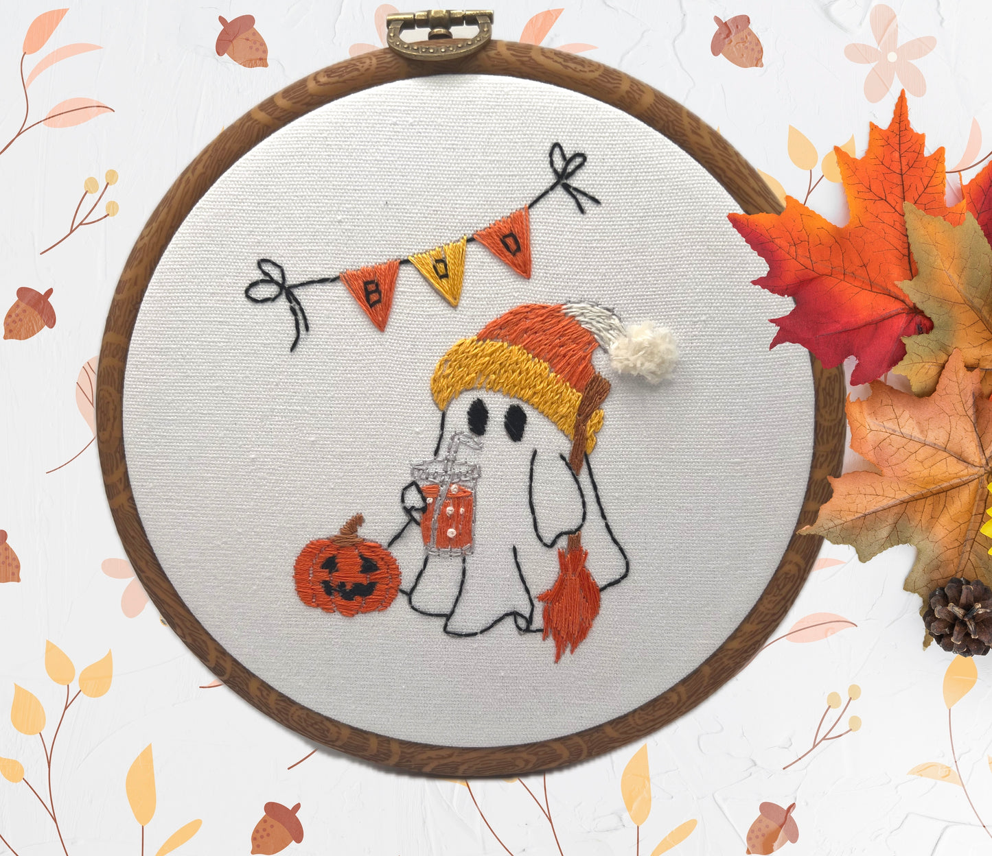 BooGee ghost with drink cup and candy hat embroidery kit. Modern 6” design