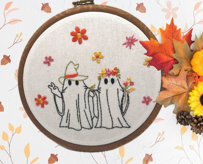 Boho hippy ghost & his “boo” hand embroidery kit design -8” hoop