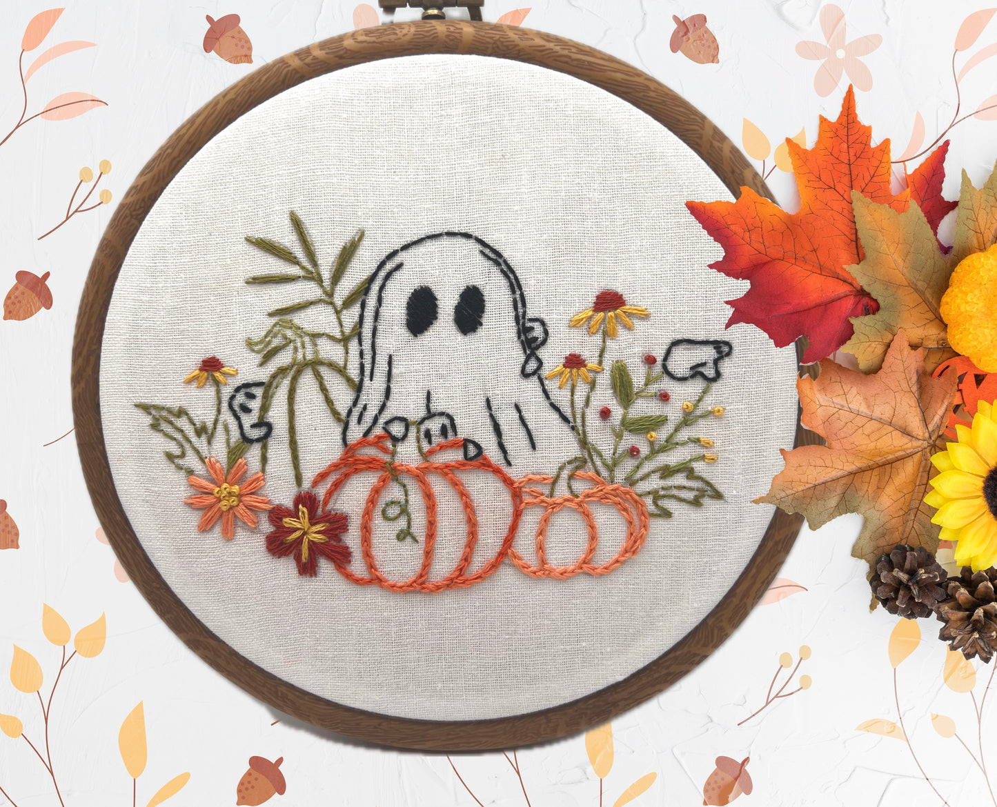 Boo garden ghosts among pumpkins and autumn flowers embroidery kit -8” hoop design