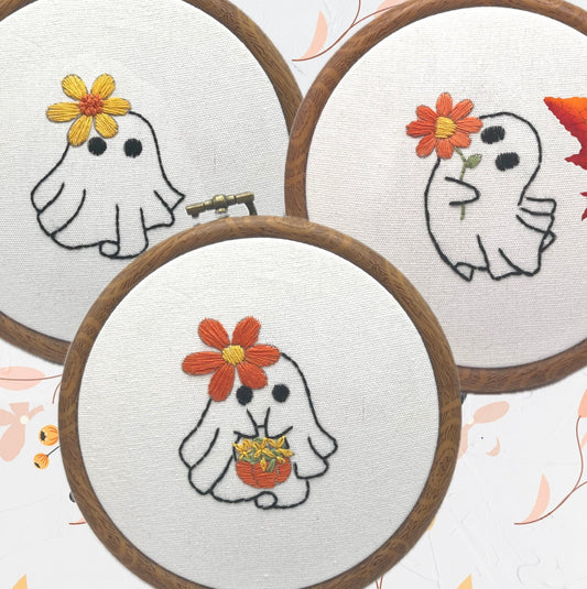 The Boo Crew! A set of three adorable ghost embroidery kits. Colorful fun to stitch 5” designs.