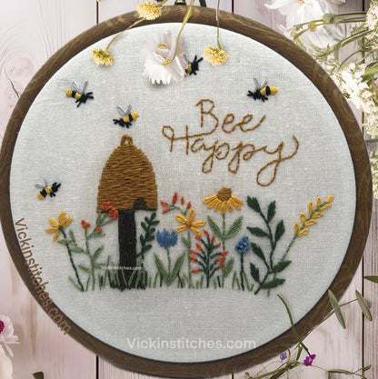 Bee Happy, Bee Hive with wildflowers Embroidery kit, 6” design, vibrant beginner kit