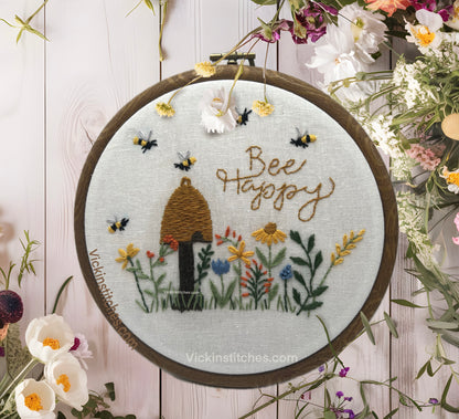 Bee Happy, Bee Hive with wildflowers Embroidery kit, 6” design, vibrant beginner kit