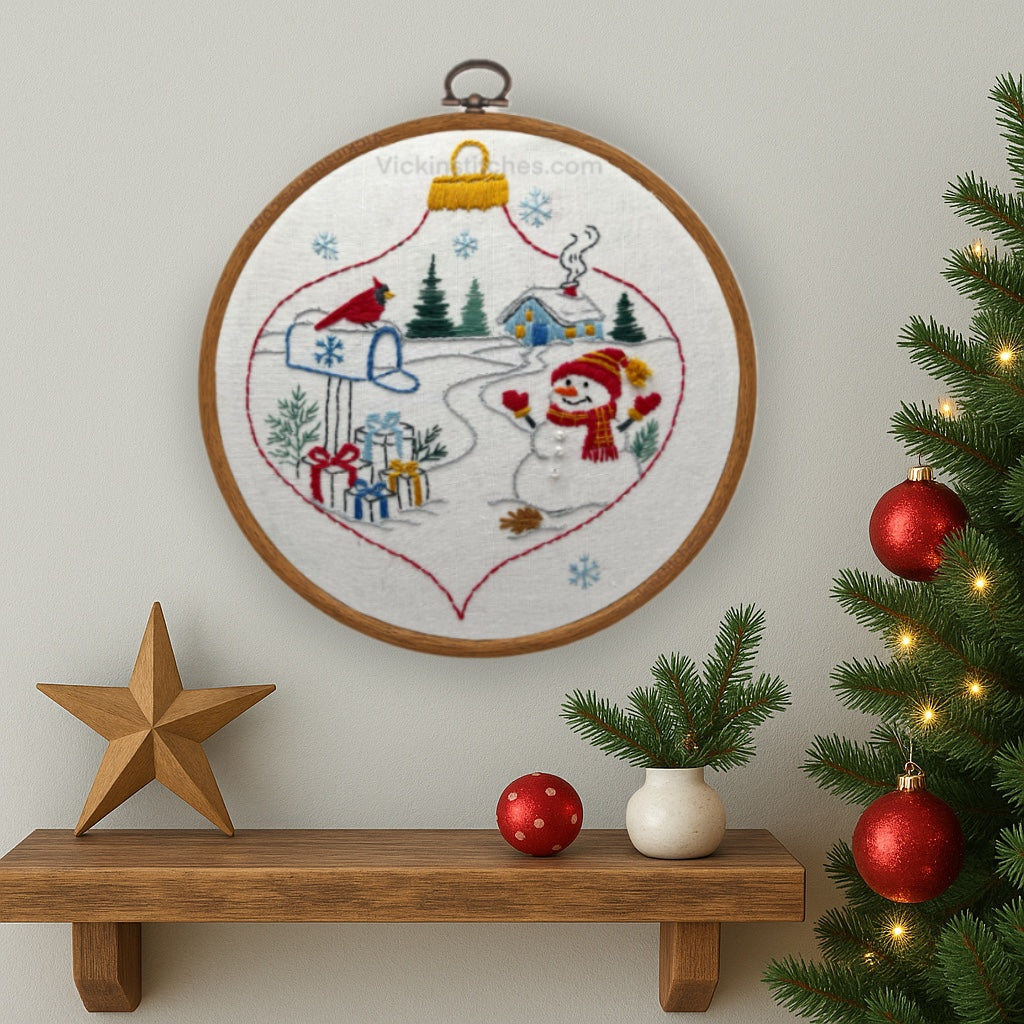 Snowman Ornament Embroidery Kit | Cozy Winter landscape cardinal Scene