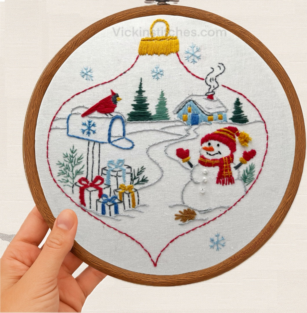 Snowman Ornament Embroidery Kit | Cozy Winter landscape cardinal Scene