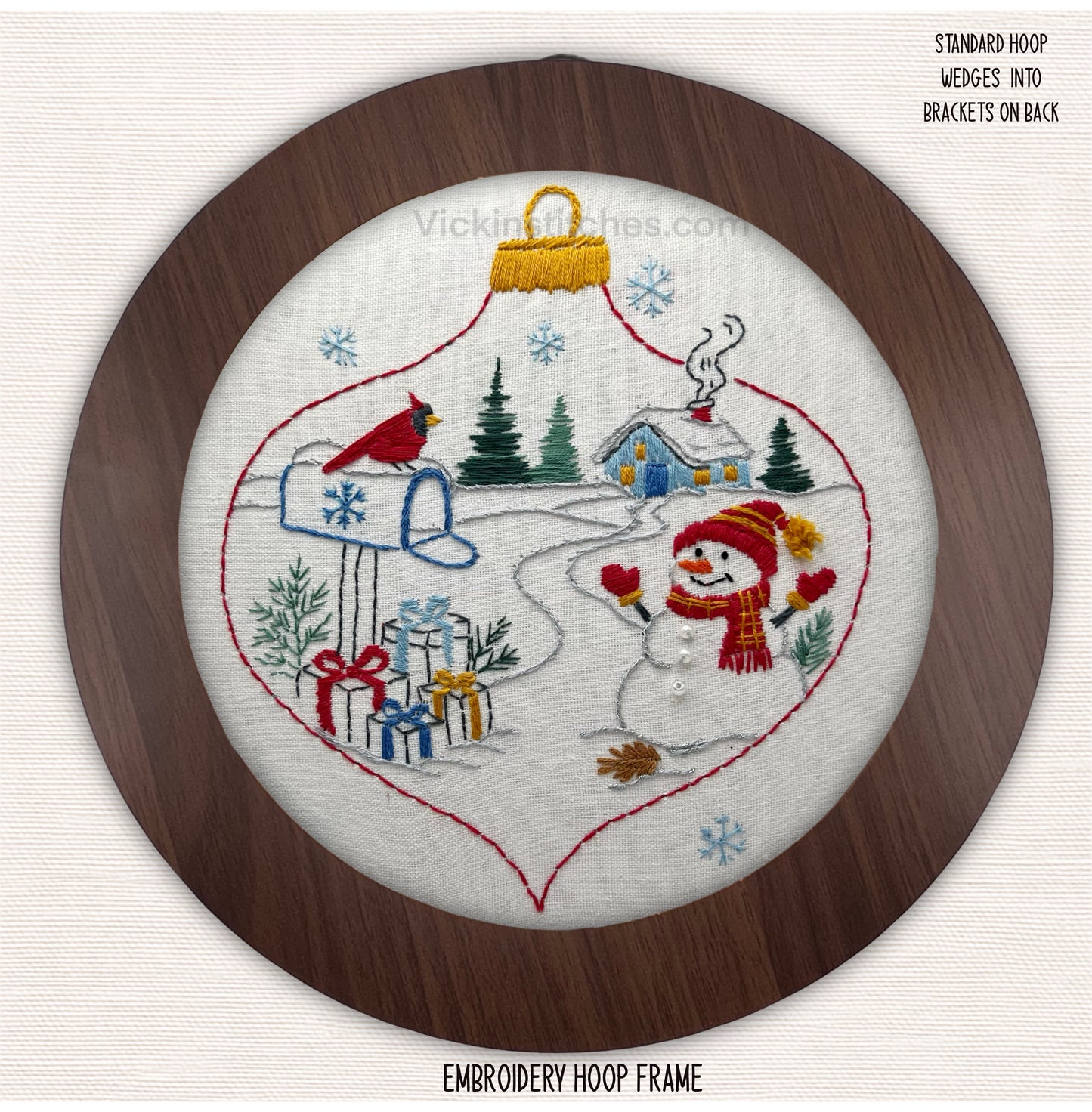 Snowman Ornament Embroidery Kit | Cozy Winter landscape cardinal Scene