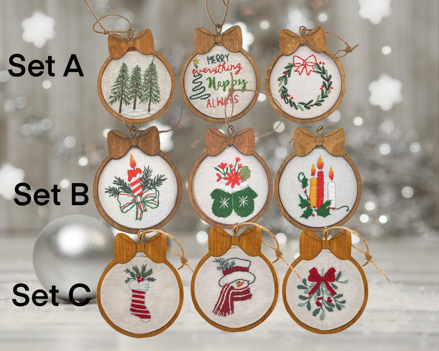 Christmas ornament Embroidery Kits with frame overlay. Mini Christmas tree ornament diy k/its. Christmas Trees embroidery. Embroidery gifts.