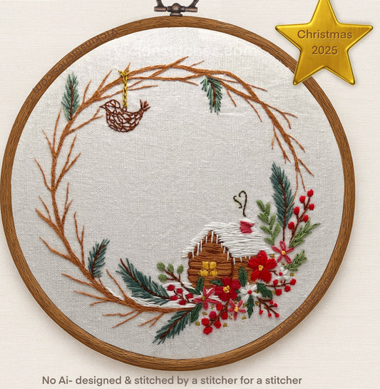 Christmas Cabin Wreath Embroidery Kit | Rustic Floral Winter Scene | Hand Stitch Design