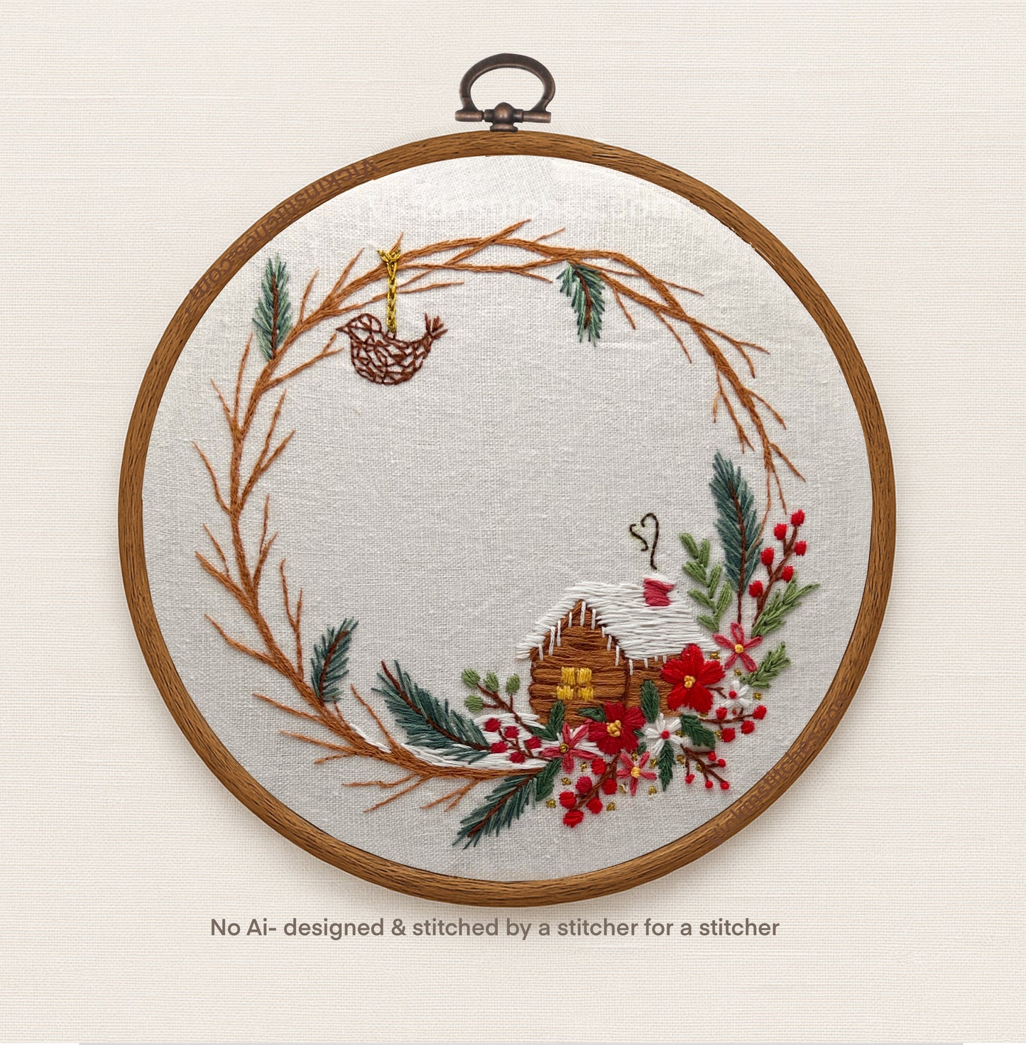 Christmas Cabin Wreath Embroidery Kit | Rustic Floral Winter Scene | Hand Stitch Design