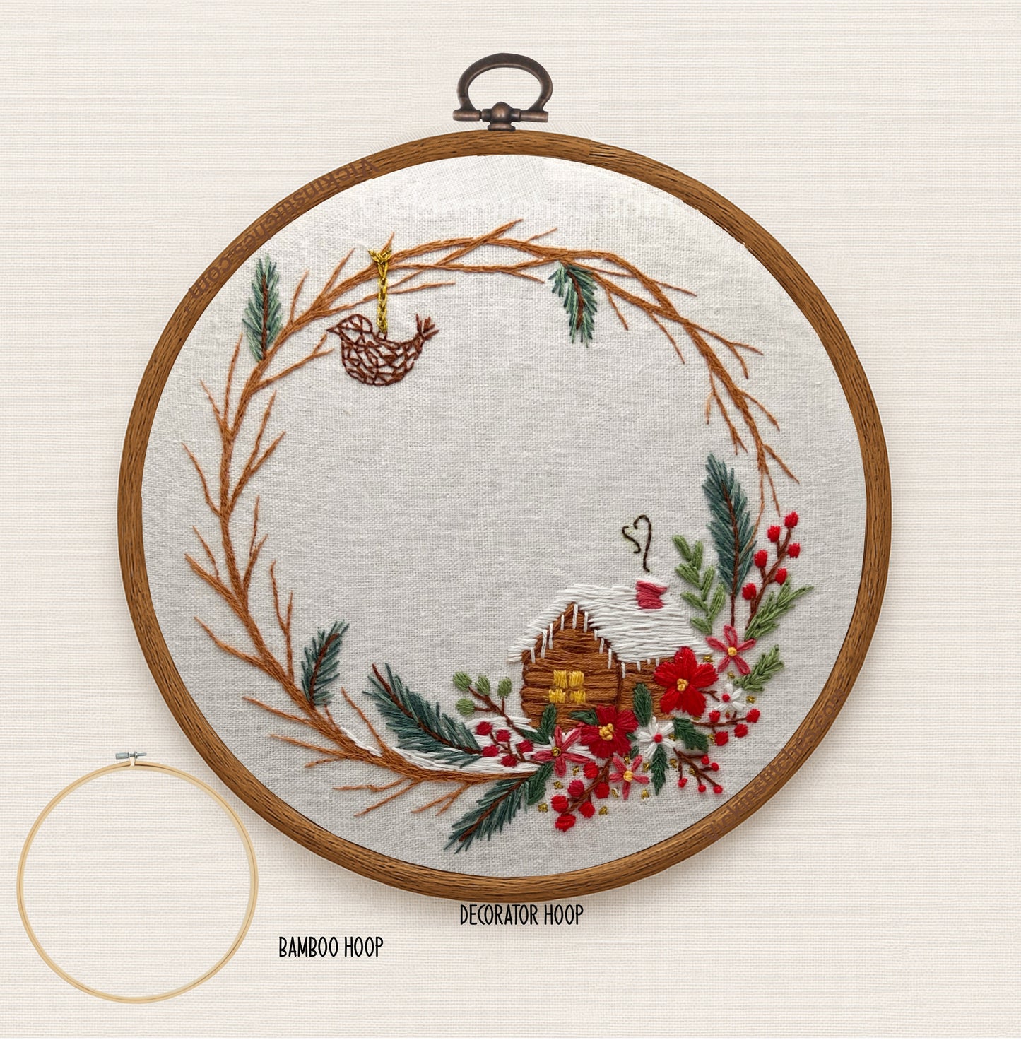 Christmas Cabin Wreath Embroidery Kit | Rustic Floral Winter Scene | Hand Stitch Design