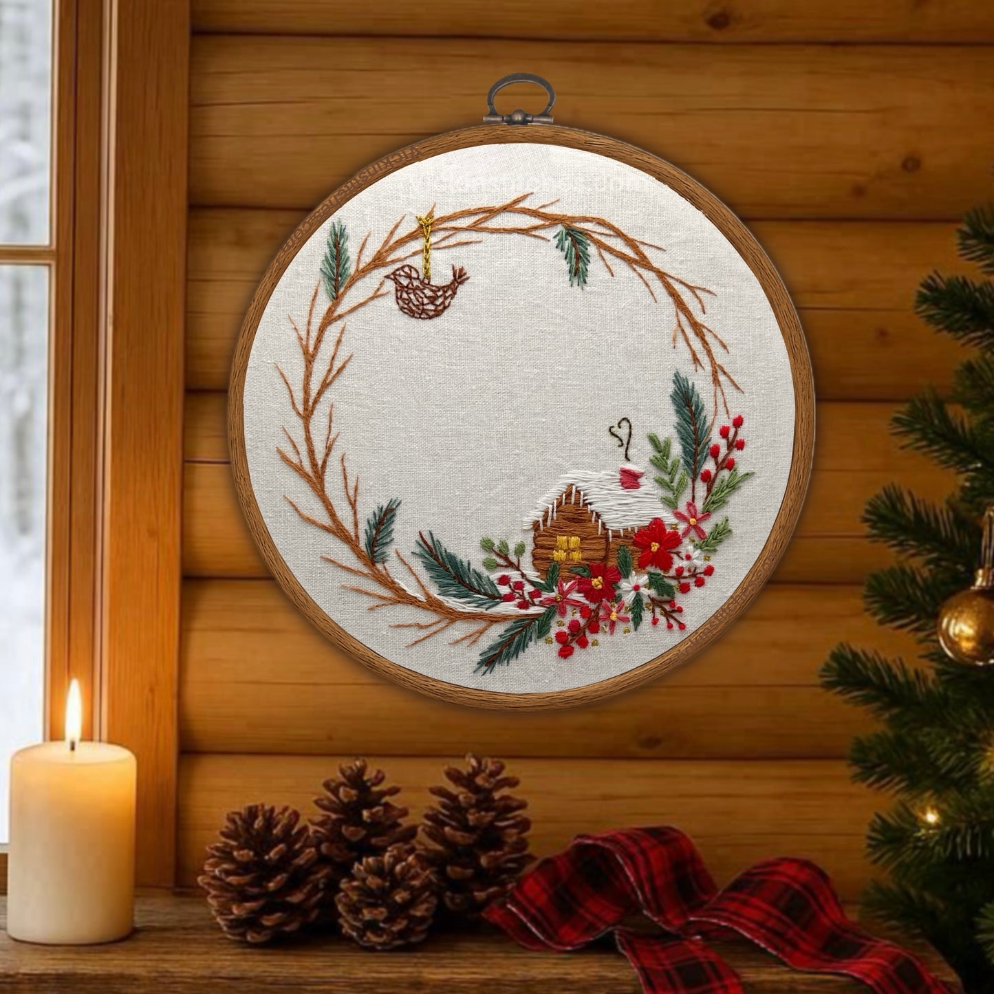 Christmas Cabin Wreath Embroidery Kit | Rustic Floral Winter Scene | Hand Stitch Design