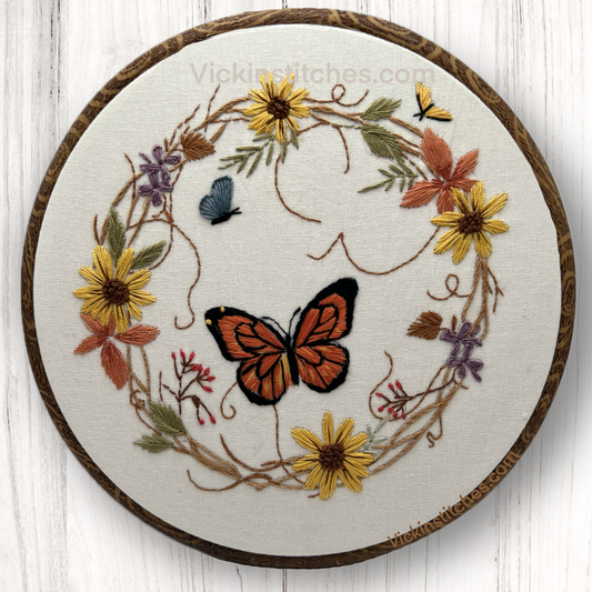 Monarch butterfly Autumn wreath of wildflowers, butterflies & vine . 8” hoop design