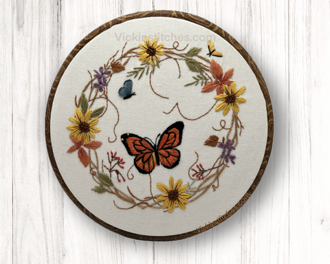 Monarch butterfly Autumn wreath of wildflowers, butterflies & vine . 8” hoop design