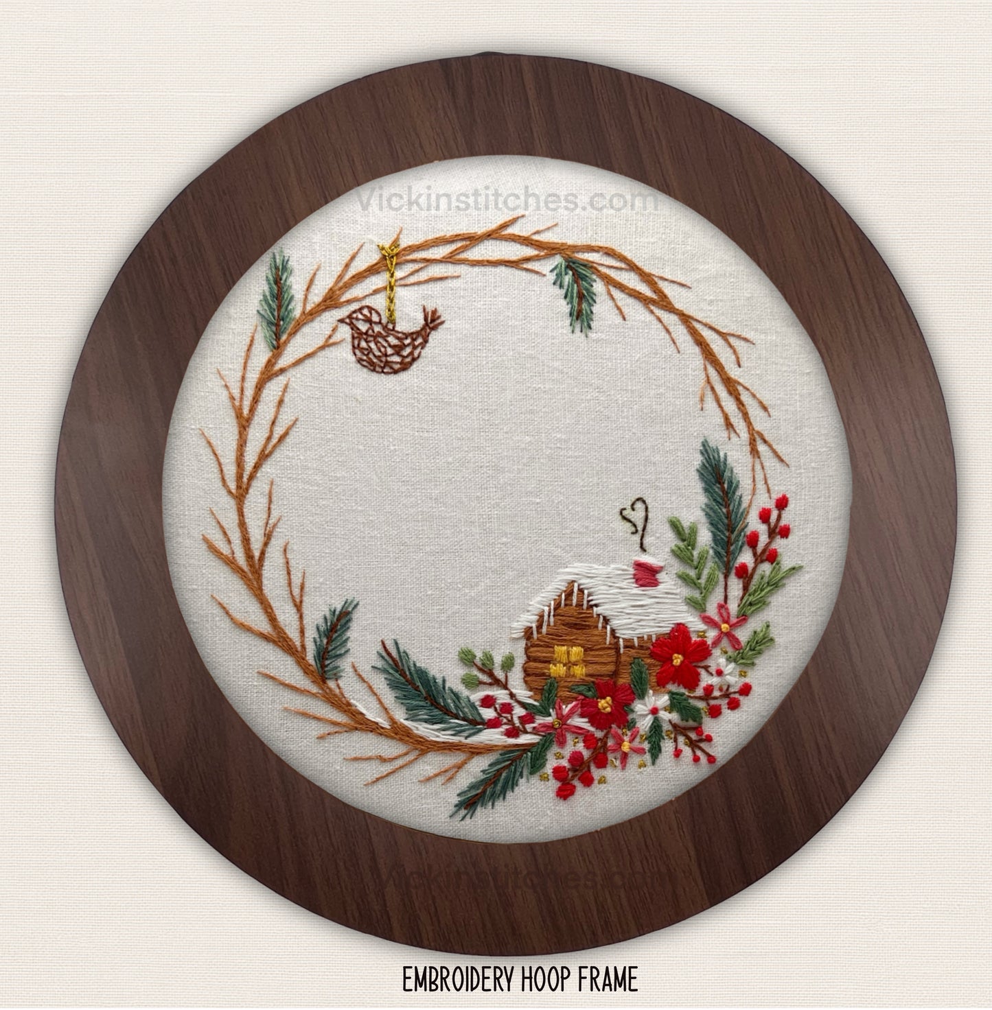 Christmas Cabin Wreath Embroidery Kit | Rustic Floral Winter Scene | Hand Stitch Design