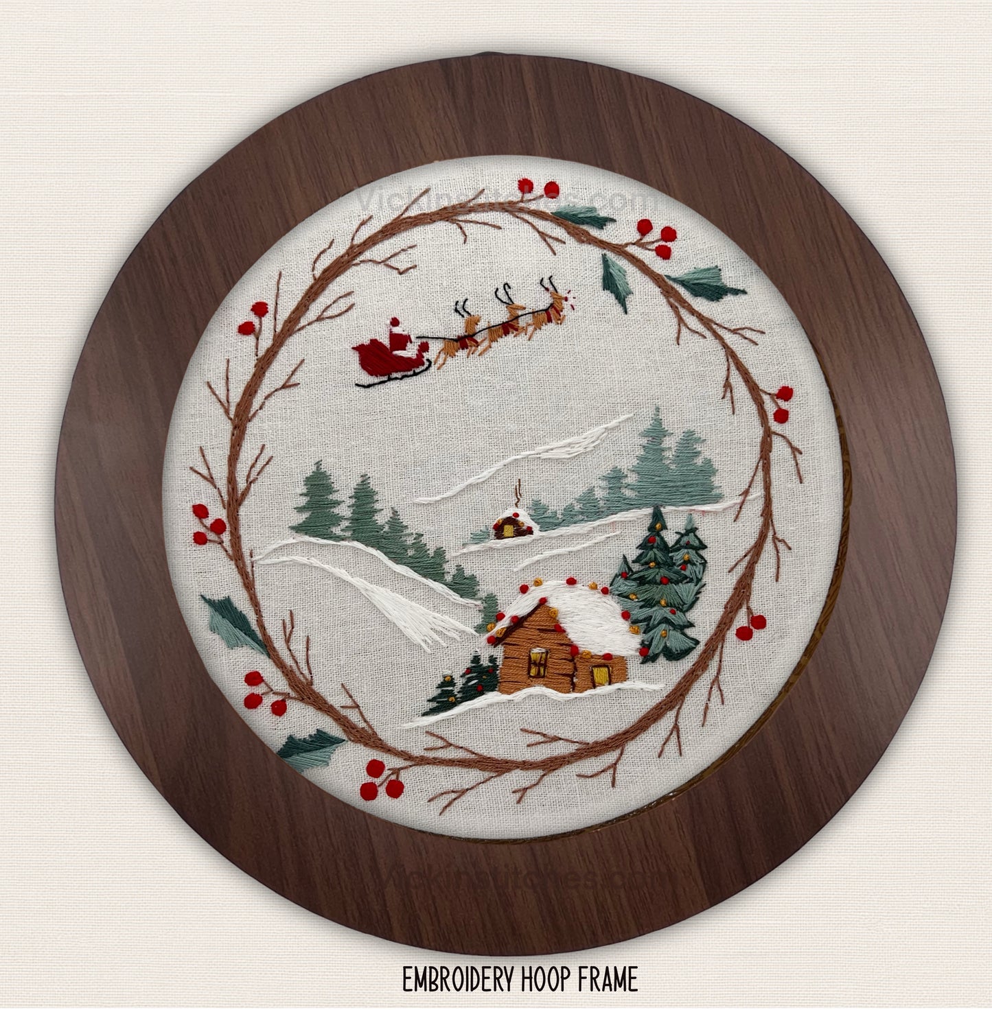 Santa sleigh Cabin Wreath Embroidery Kit | Winter Stitch Scene | Holiday Hoop Art
