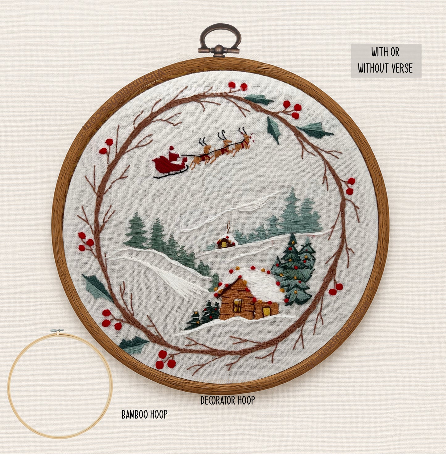 Santa sleigh Cabin Wreath Embroidery Kit | Winter Stitch Scene | Holiday Hoop Art