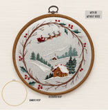 Santa sleigh Cabin Wreath Embroidery Kit | Winter Stitch Scene | Holiday Hoop Art