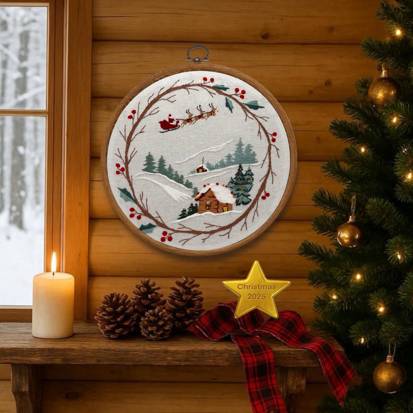Santa sleigh Cabin Wreath Embroidery Kit | Winter Stitch Scene | Holiday Hoop Art