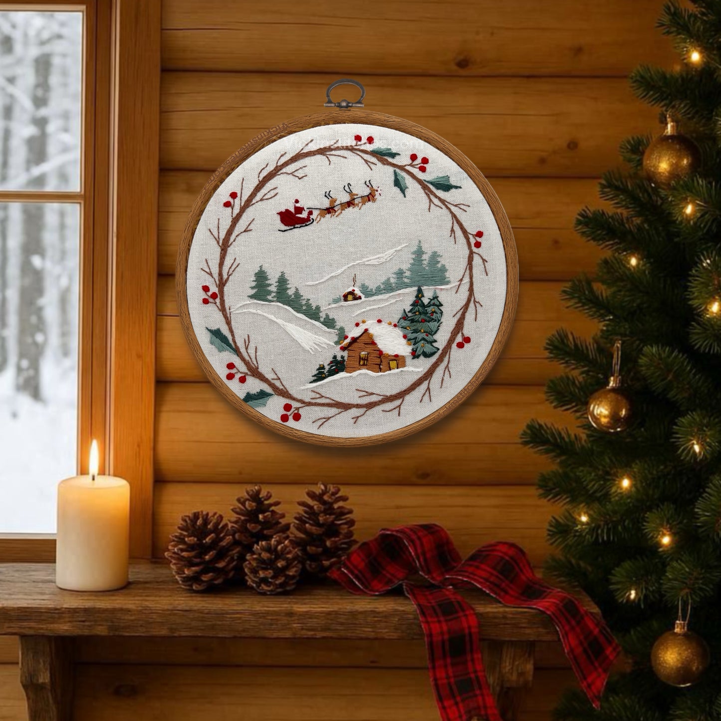 Santa sleigh Cabin Wreath Embroidery Kit | Winter Stitch Scene | Holiday Hoop Art