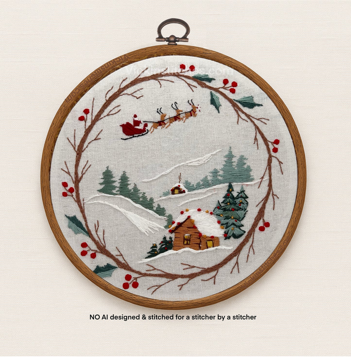 Santa sleigh Cabin Wreath Embroidery Kit | Winter Stitch Scene | Holiday Hoop Art