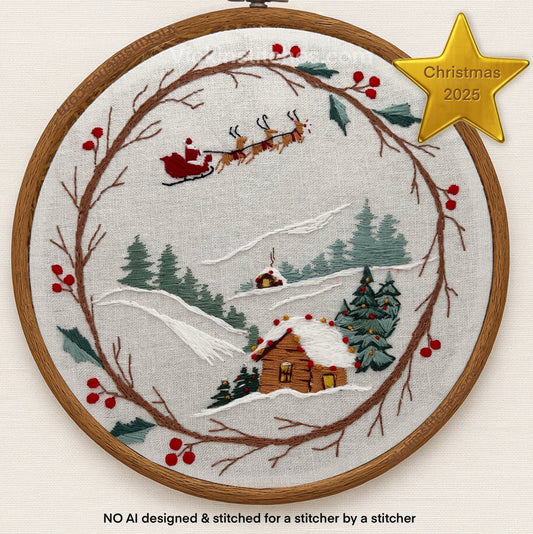 Santa sleigh Cabin Wreath Embroidery Kit | Winter Stitch Scene | Holiday Hoop Art