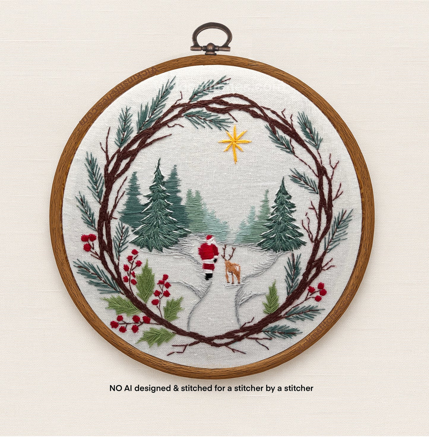 Santa Woodland Wreath Embroidery Kit | Christmas Stitch Scene | Holiday Hoop Art