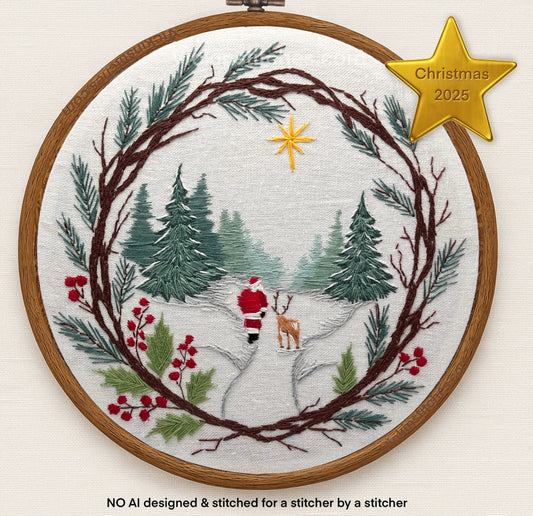 Santa Woodland Wreath Embroidery Kit | Christmas Stitch Scene | Holiday Hoop Art