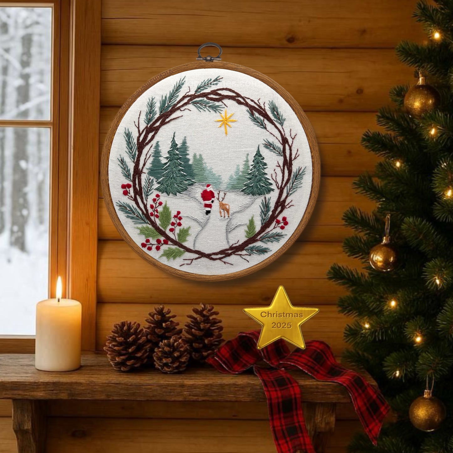 Santa Woodland Wreath Embroidery Kit | Christmas Stitch Scene | Holiday Hoop Art
