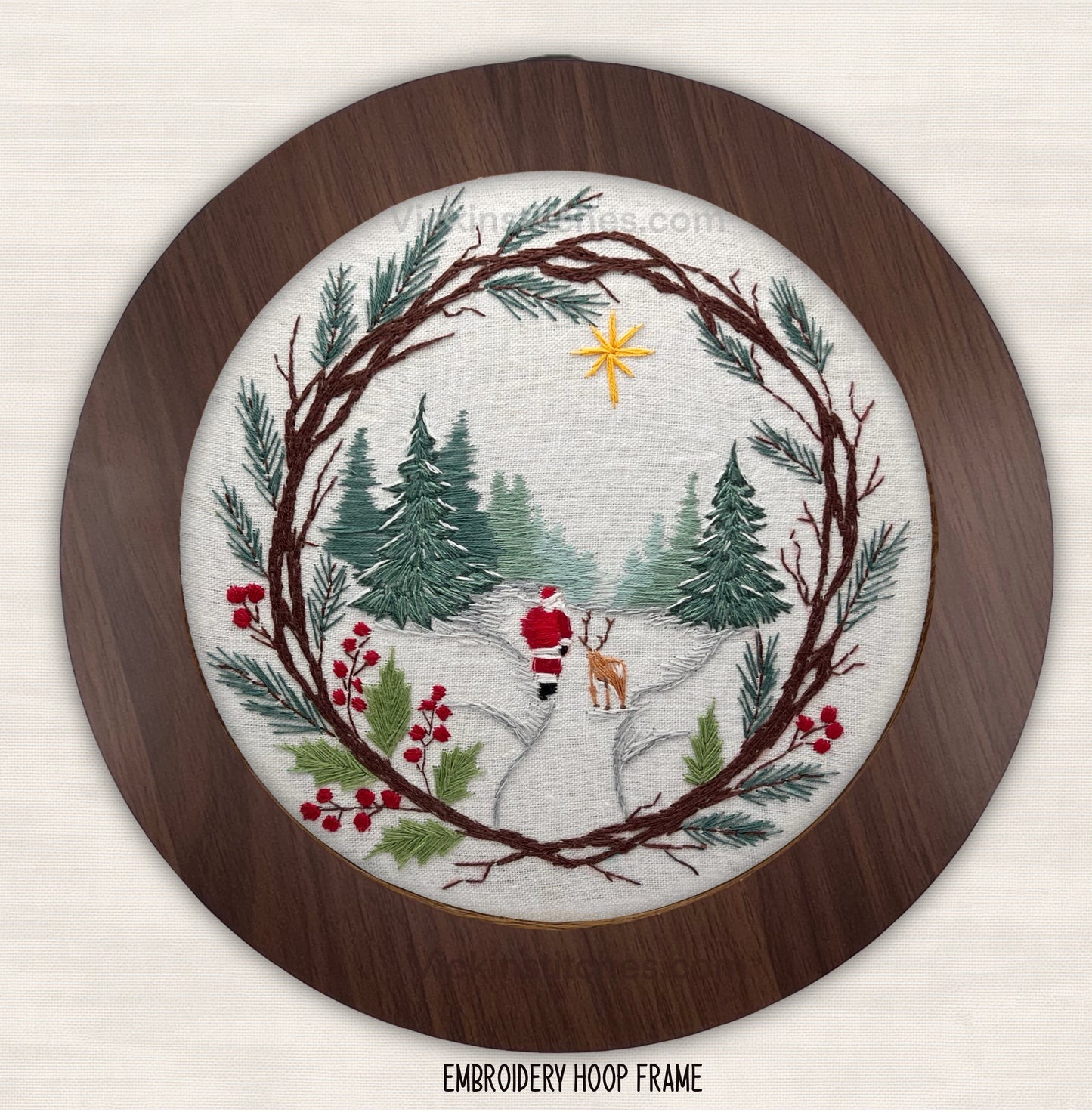Santa Woodland Wreath Embroidery Kit | Christmas Stitch Scene | Holiday Hoop Art