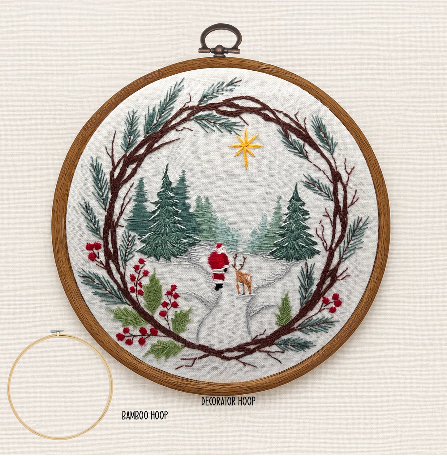 Santa Woodland Wreath Embroidery Kit | Christmas Stitch Scene | Holiday Hoop Art