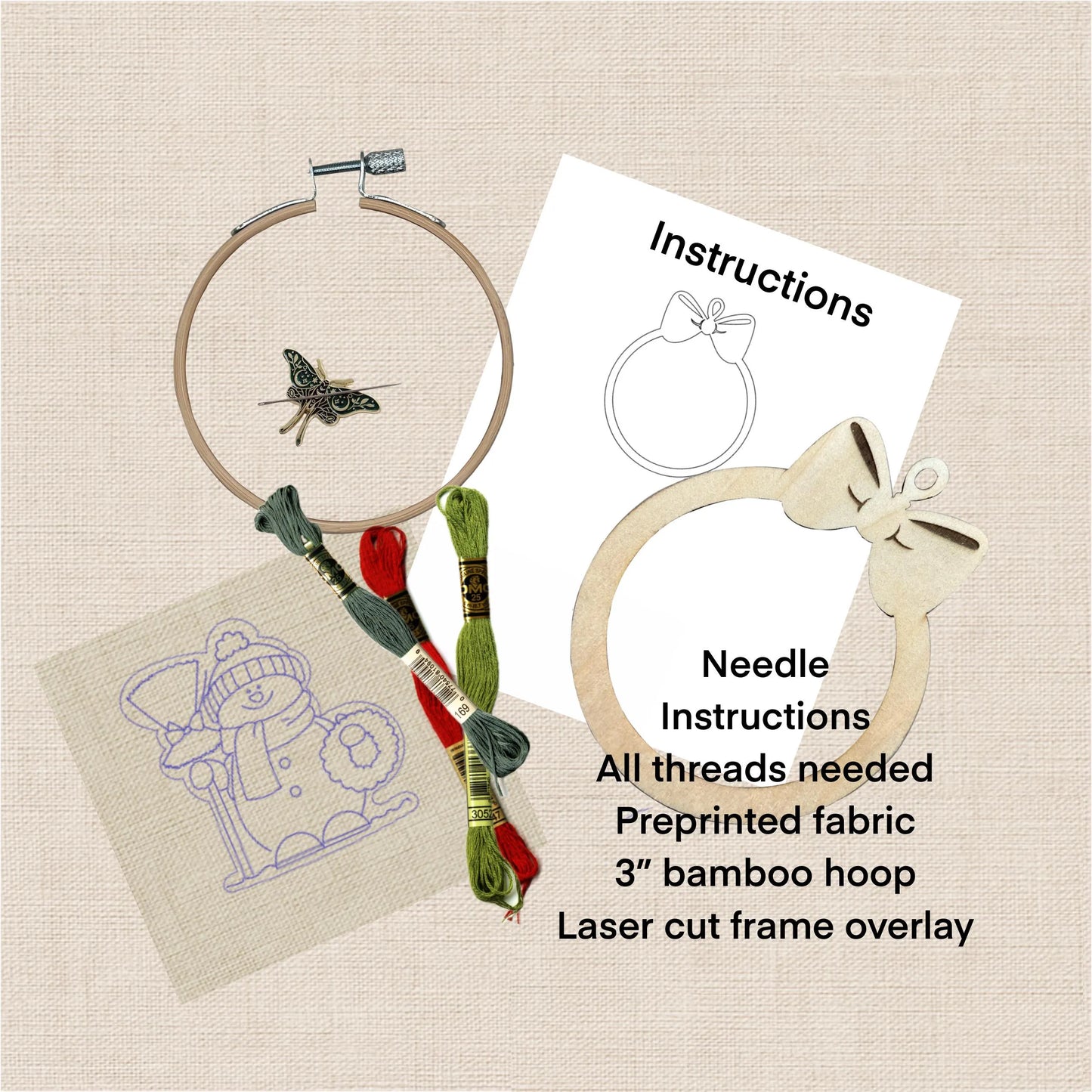 Snowman Ornament set Embroidery Kit – DIY Holiday Embroidery with Laser Cut Frame