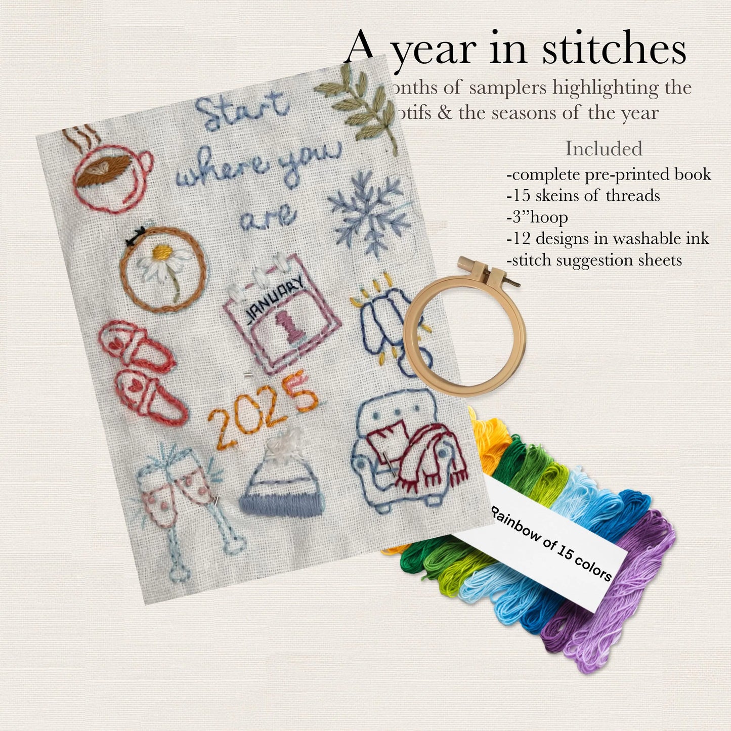 A Year in Stitches – 12-Month Embroidery Sampler Book Kit