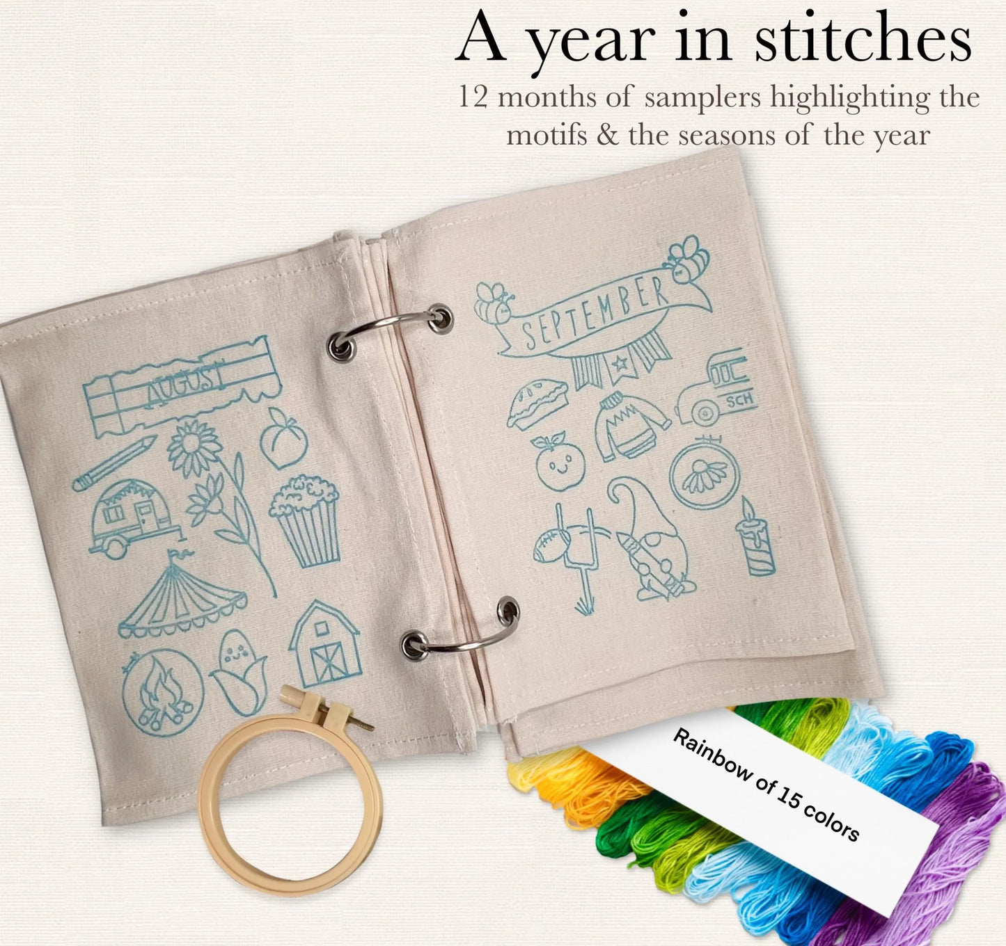 A Year in Stitches – 12-Month Embroidery Sampler Book Kit