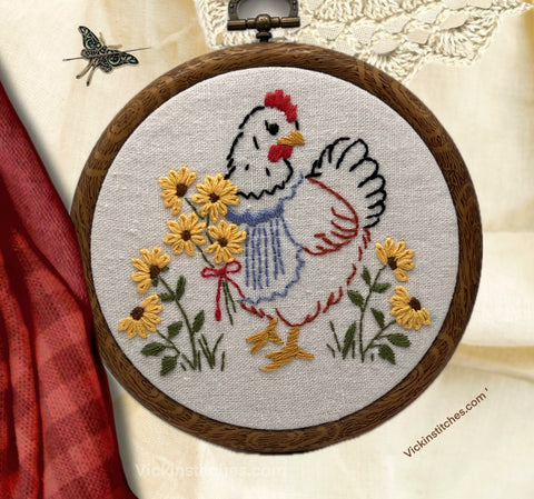 3 pc Chicken hand Embroidery pattern for beginners  | Farmhouse Hen wall hanging | Country Kitchen chicken wall Decor | Floral Chicken Hoop Art