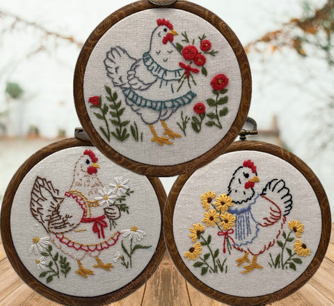 3 pc Chicken hand Embroidery pattern for beginners  | Farmhouse Hen wall hanging | Country Kitchen chicken wall Decor | Floral Chicken Hoop Art