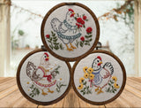 3 pc Chicken hand Embroidery pattern for beginners  | Farmhouse Hen wall hanging | Country Kitchen chicken wall Decor | Floral Chicken Hoop Art