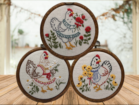 3 pc Chicken hand Embroidery pattern for beginners  | Farmhouse Hen wall hanging | Country Kitchen chicken wall Decor | Floral Chicken Hoop Art