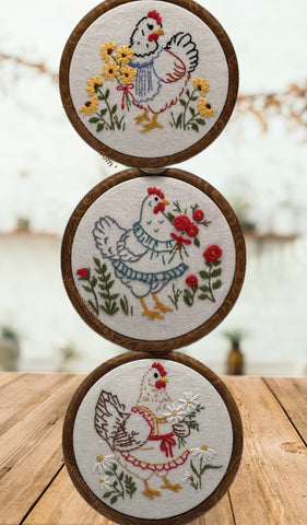 3 pc Chicken hand Embroidery pattern for beginners  | Farmhouse Hen wall hanging | Country Kitchen chicken wall Decor | Floral Chicken Hoop Art