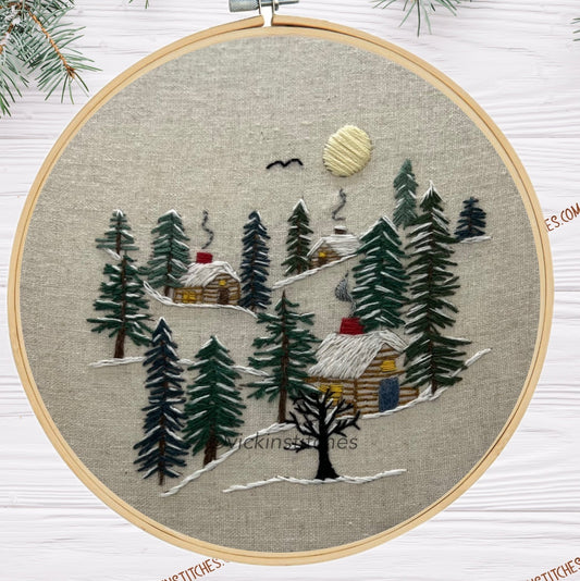 8” Cabin in the Woods Winter Embroidery Kit