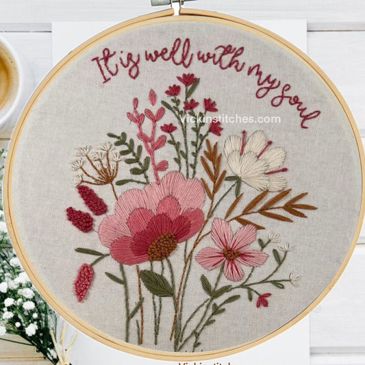 Pink floral embroidery kit for beginners. It is well with my soul. All included DIY kit