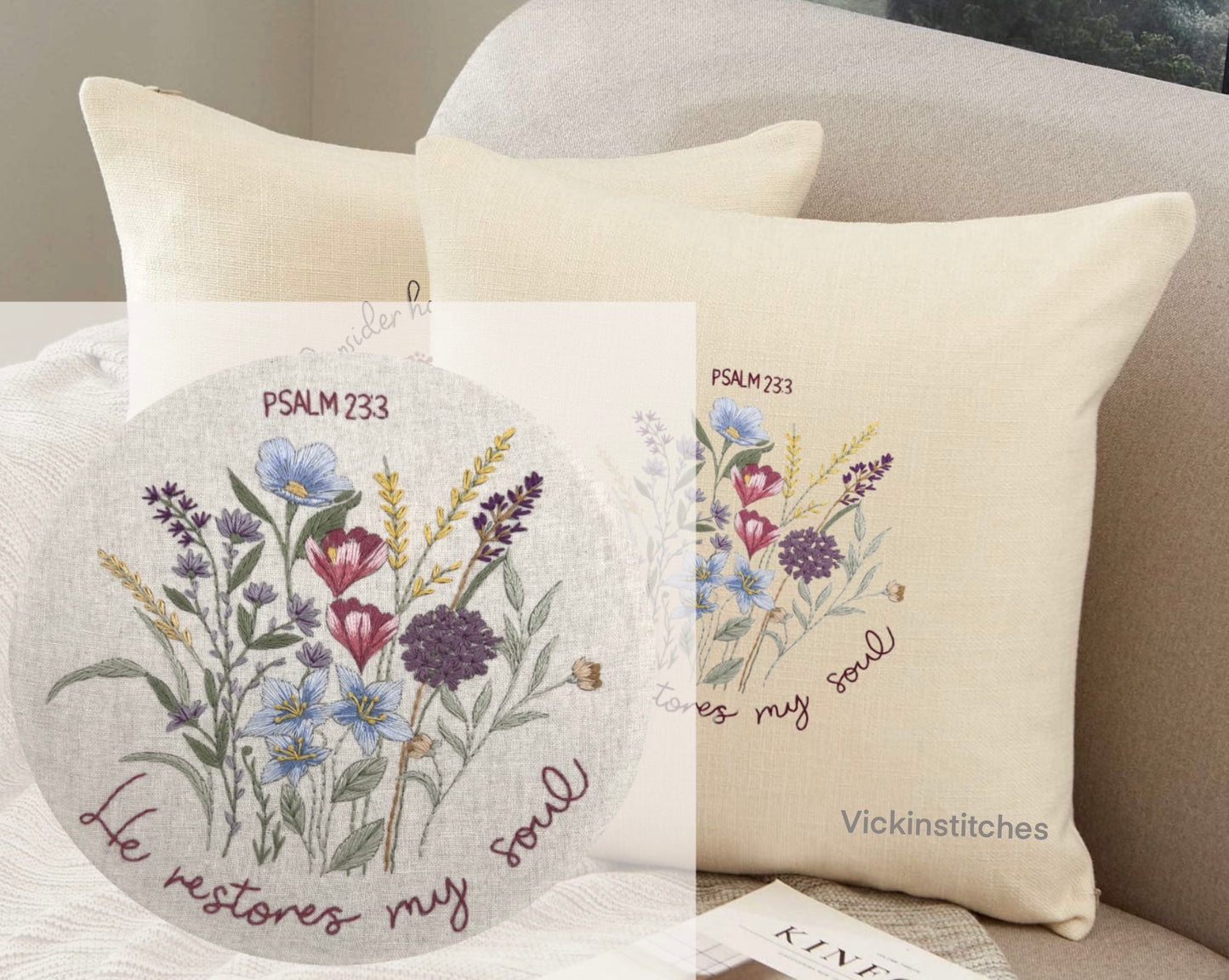 Wildflower hand Embroidery pillow cover Kit for beginners.  Flower bouquet embroidery pattern 16” throw pillow case embroidery kits.