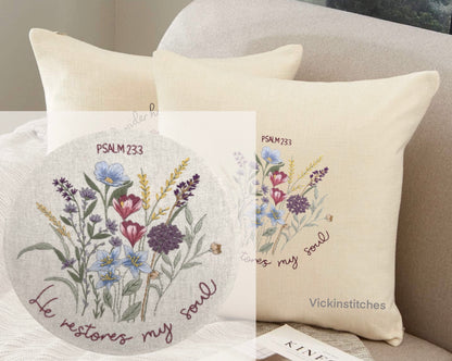 Wildflower hand Embroidery pillow cover Kit for beginners.  Flower bouquet embroidery pattern 16” throw pillow case embroidery kits.