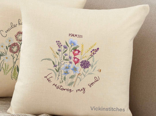 Wildflower hand Embroidery pillow cover Kit for beginners.  Flower bouquet embroidery pattern 16” throw pillow case embroidery kits.