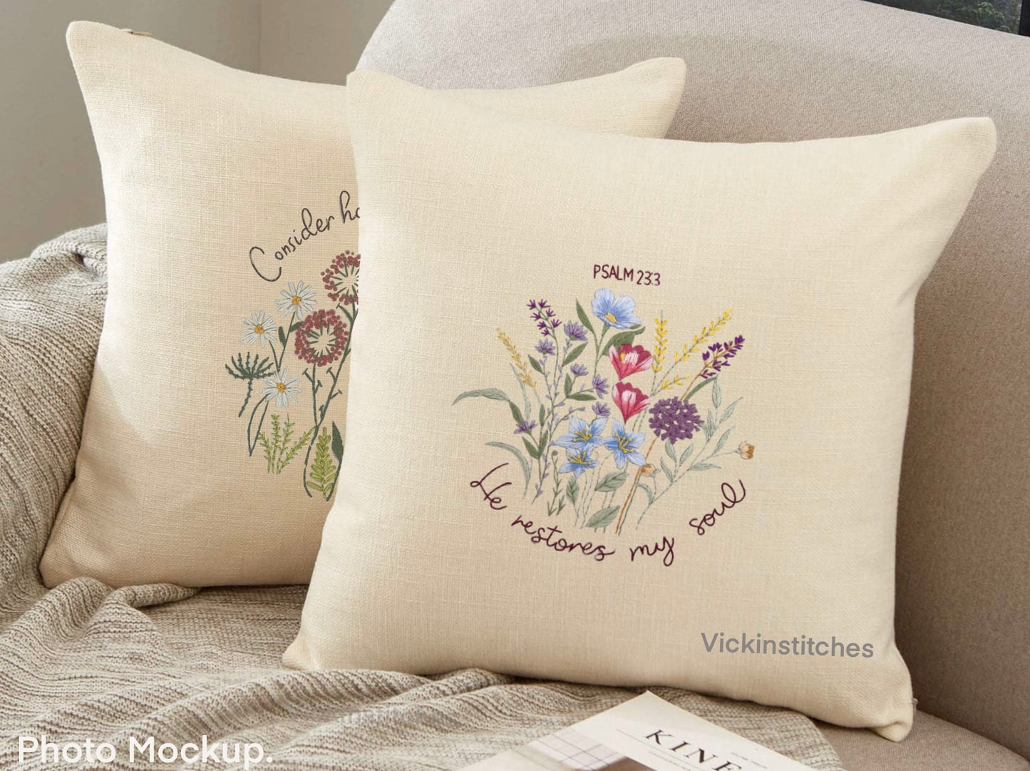 Wildflower hand Embroidery pillow cover Kit for beginners.  Flower bouquet embroidery pattern 16” throw pillow case embroidery kits.