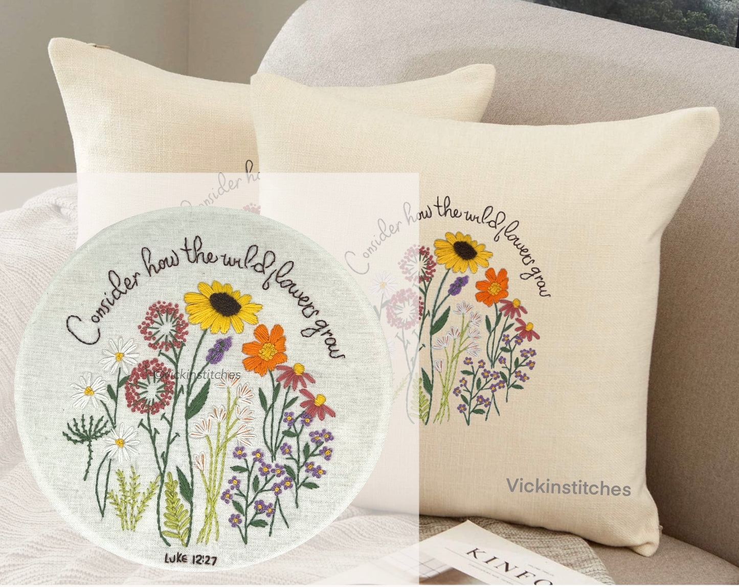 Sunflower hand Embroidery pillow cover Kit for beginners.  Flower bouquet embroidery pattern 16” throw pillow case embroidery kits. (Copy)