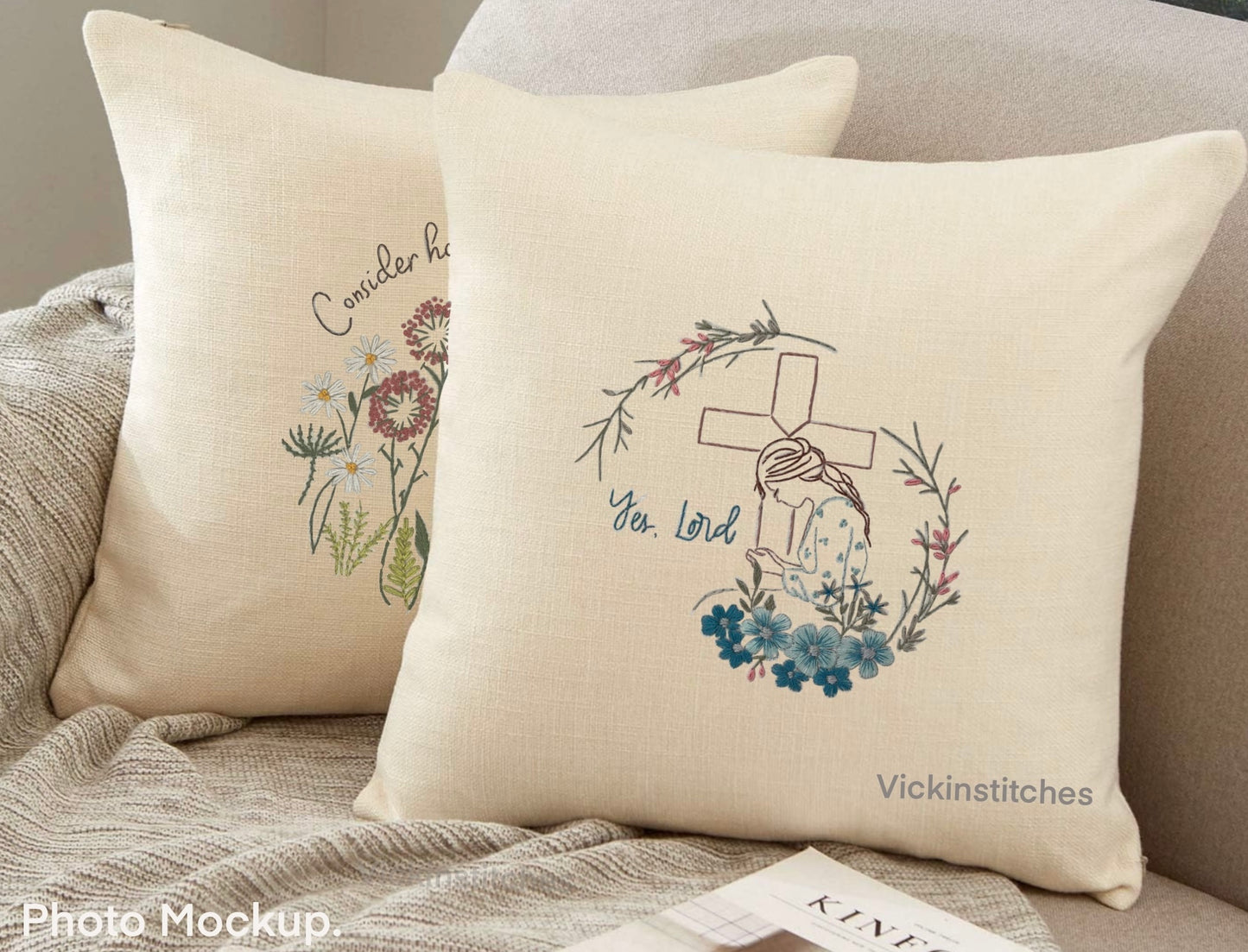 floral cross woman praying  hand Embroidery pillow cover Kit for beginners  embroidery pattern 16” throw pillow case embroidery kits.