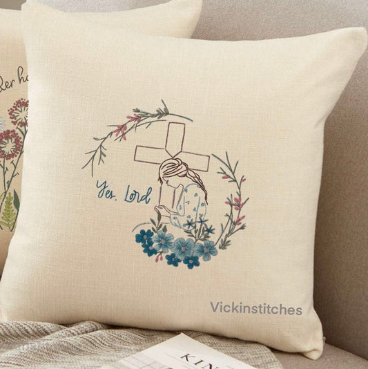 floral cross woman praying  hand Embroidery pillow cover Kit for beginners  embroidery pattern 16” throw pillow case embroidery kits.