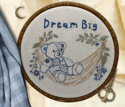 Dream Big Embroidery pattern pdf download  Patchwork Teddy Bear in Hammock  DIY Hand Stitching Kit - Nursery Hoop Art Gift for Baby Boy Room Decor