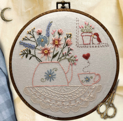 Floral Teapot Embroidery Hoop Art | Hand Stitched Kitchen Decor | Vintage Cottagecore Wall Hanging | Tea Lover Gift Idea lace doily