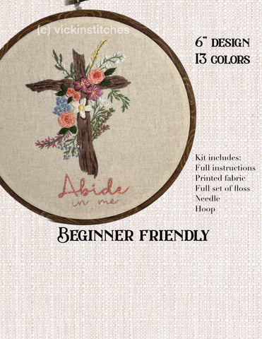 8” Abide, Rustic Cross Old Rugged Christian Cross Embroidery kit