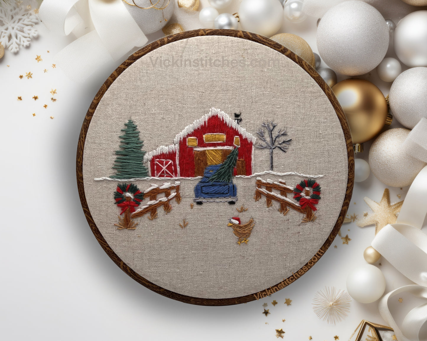 Christmas on the farm. Hand embroidery kit. 7” farmhouse Christmas